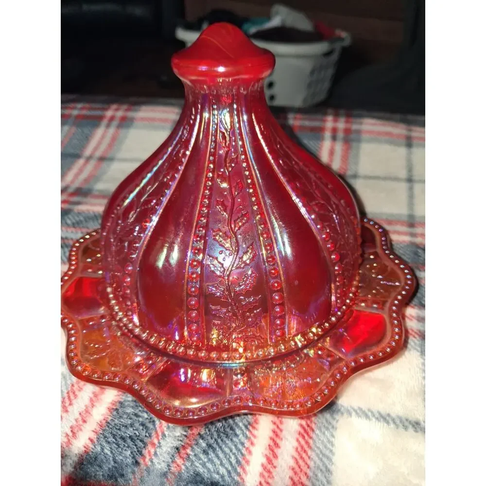 Vintage Amberlina Carnival Glass Domed Butter Dish Beaded Holly Summit UV